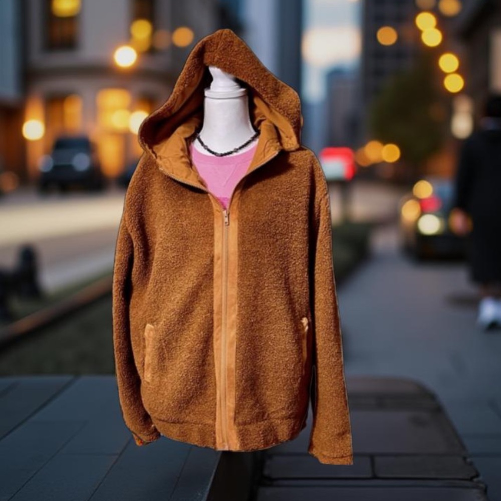 Sherpa Hooded Brown / Fleece Jacket fully lined zip up & pockets NWT Boutique